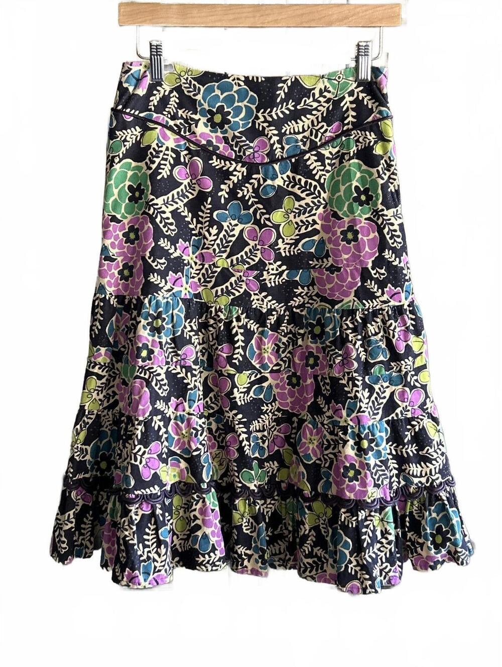 Anthropologie FEI Womens Skirt Sz 0 Corduroy Floral Tiered Ruffle Trimmed Boho